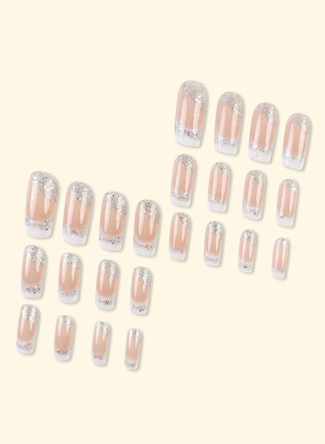 TOGZOM Square Press on Nails Medium French Tips Fake Nails Silver Glitter Acrylic Nails Press ons White Ombre Glue on Nail Shiny Stick on Nail Nude False Nails for Women Girls Nails Decoration 24Pcs - Image 4